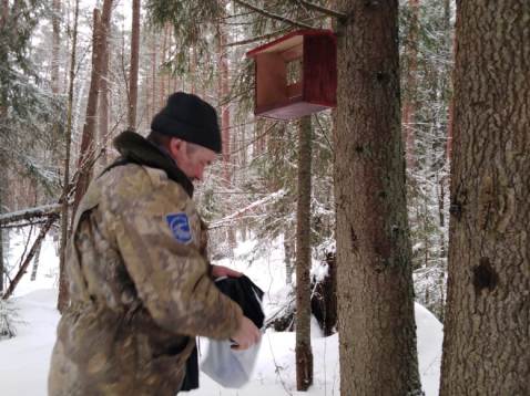 Размещение кормушек присланных в рамкам акции "Покормите птиц зимой" на территории национального парка.